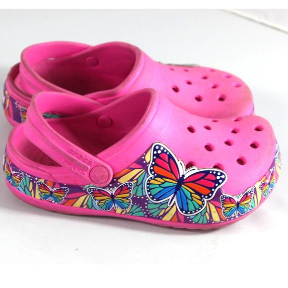 Crocs FunLab Multi-Butterfly band Kinds Clog Electric pink AS IS size J2 rainbow - Picture 2 of 9
